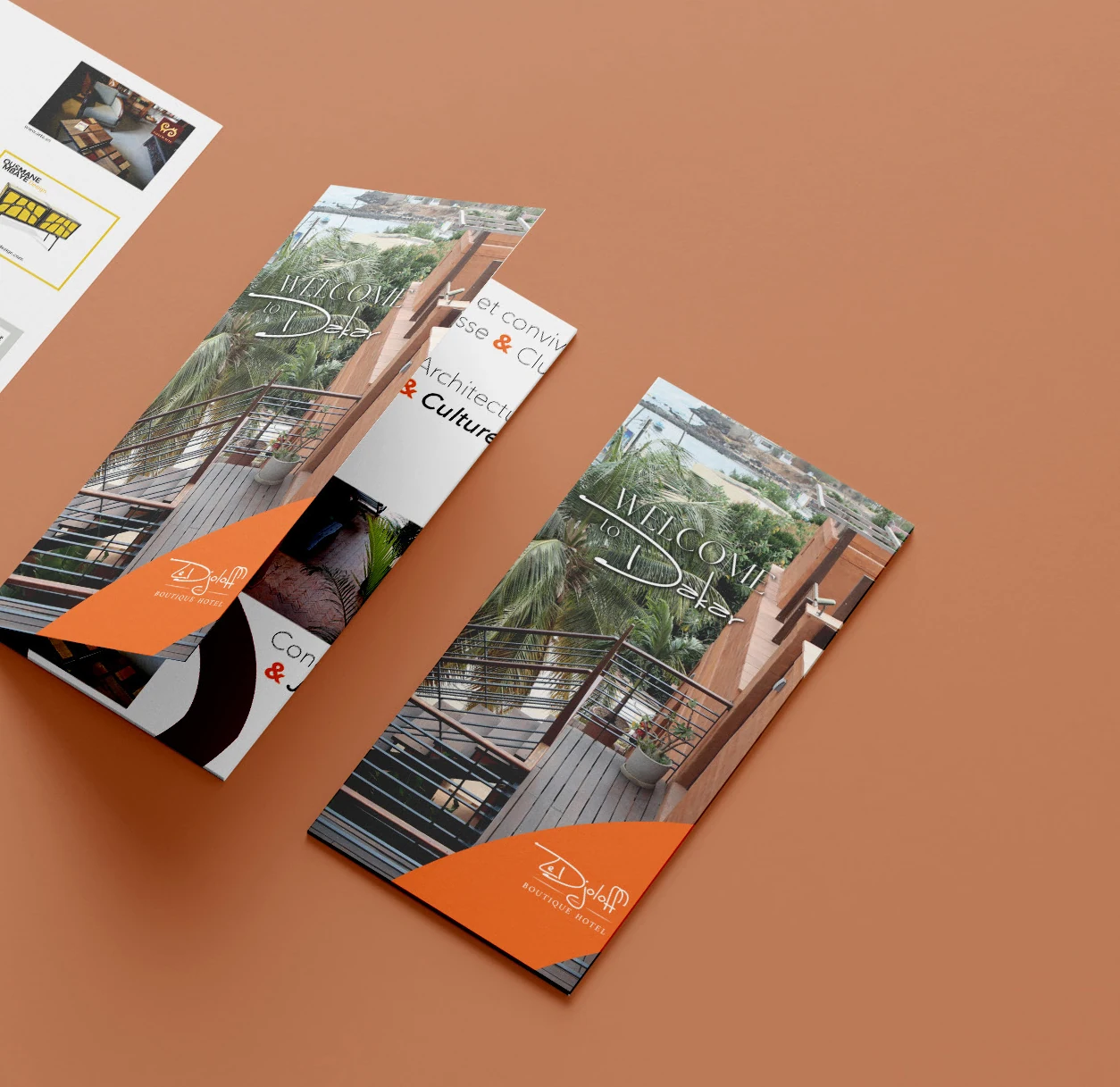 Le Djoloff : couvertures des dépliants, architecture et terrasse