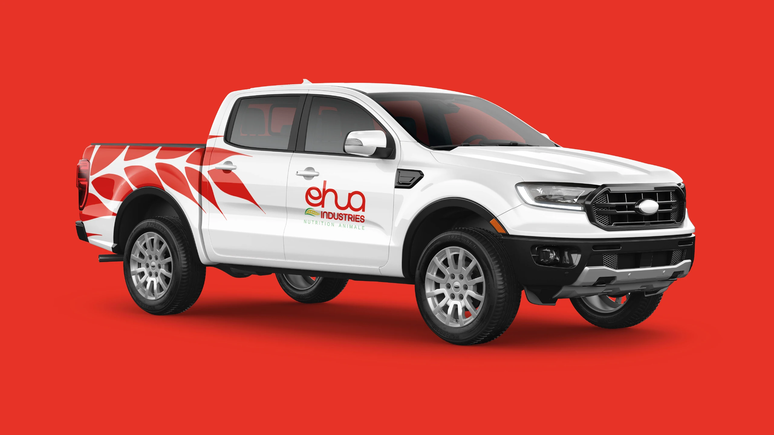Véhicule Ehua Industries : signature rouge et blanche